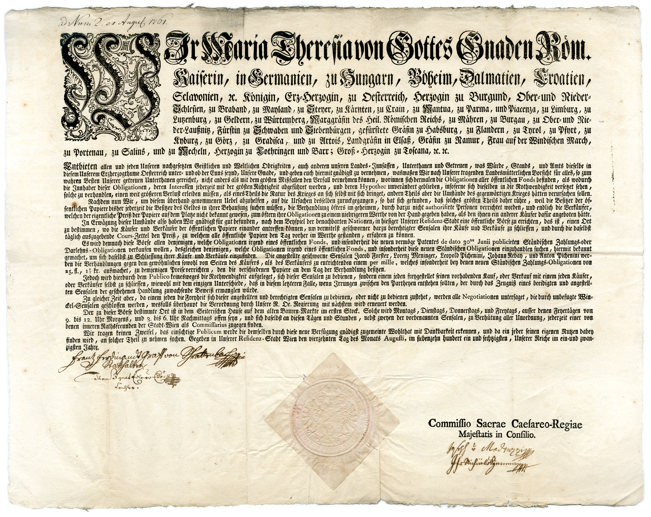 Wiener Börse Gründungspatent Wiener Börse Gründungspatent 1761 von Maria Theresia