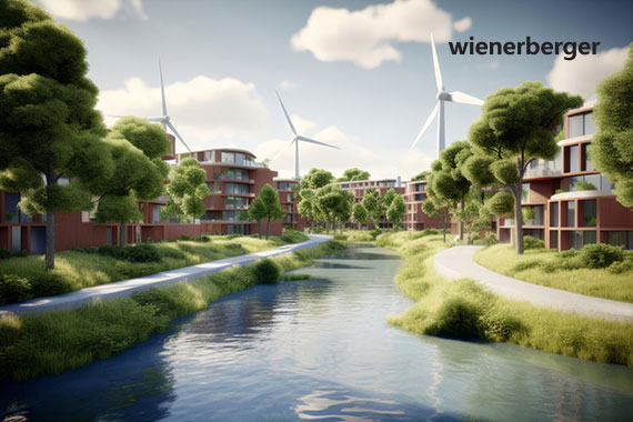 Wienerberger Nachhaltigkeitsprogramm Wienerberger Nachhaltigkeitsprogramm - Bild mit Bauten, Fluss, Logo